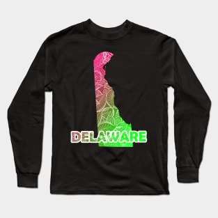 Colorful mandala art map of Delaware with text in pink and green Long Sleeve T-Shirt